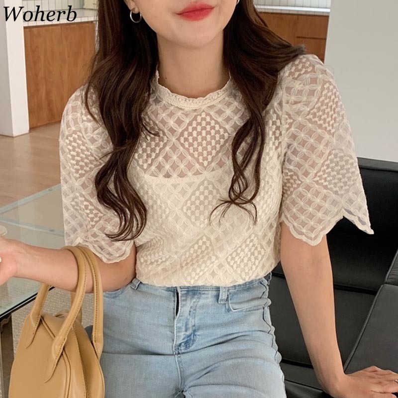 Clothes for Women Blouses Sweet Stand-up Collar Lace Hollow Crochet Floral Blusas Short Sleeve Chic Shirt Korean Tops 210519