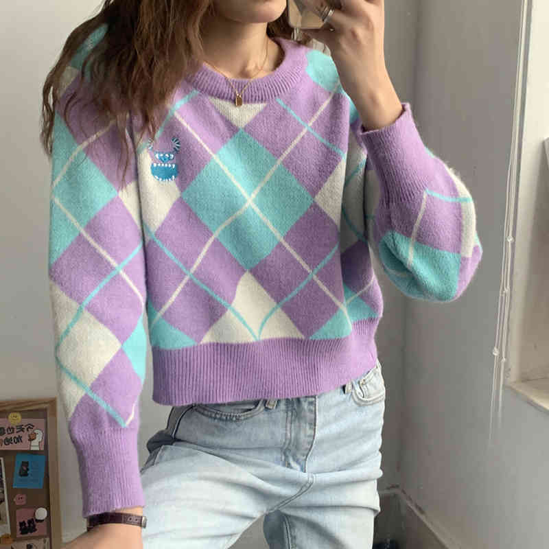 Women Cute Plaid Sweater Winter Autumn Korean Chic Knitting Jumper Female Pullover Casual Streetwear Sueter Mujer 210519