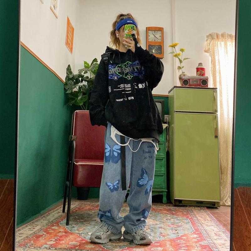 Favour Vintage Jeans Fashion Y2k Aesthetic Print Woman Loose Streetwear Casual High Waist Wide Leg Pants Women 210922