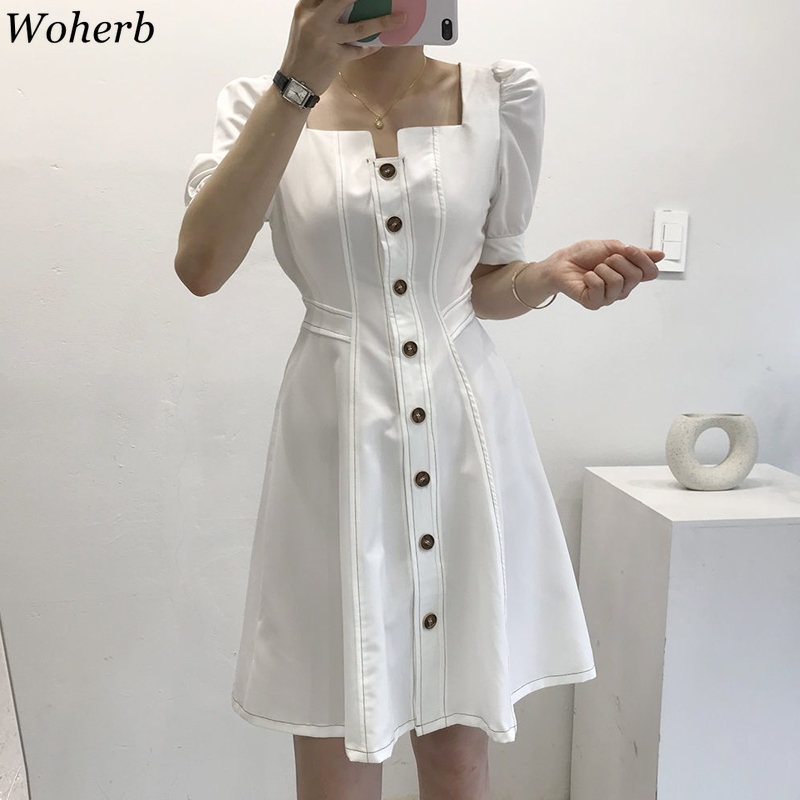 Vestidos De Mujer Square Collar Korean Chic Robe Summer Elegant A Line Dress High Waist White Woman Dresses 4j616 210519