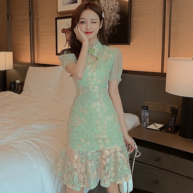Chinese Style Fashion Stand Collar Lace Embroidery Slim Mini Dress Vintage Elegant Ruffles Female 210519