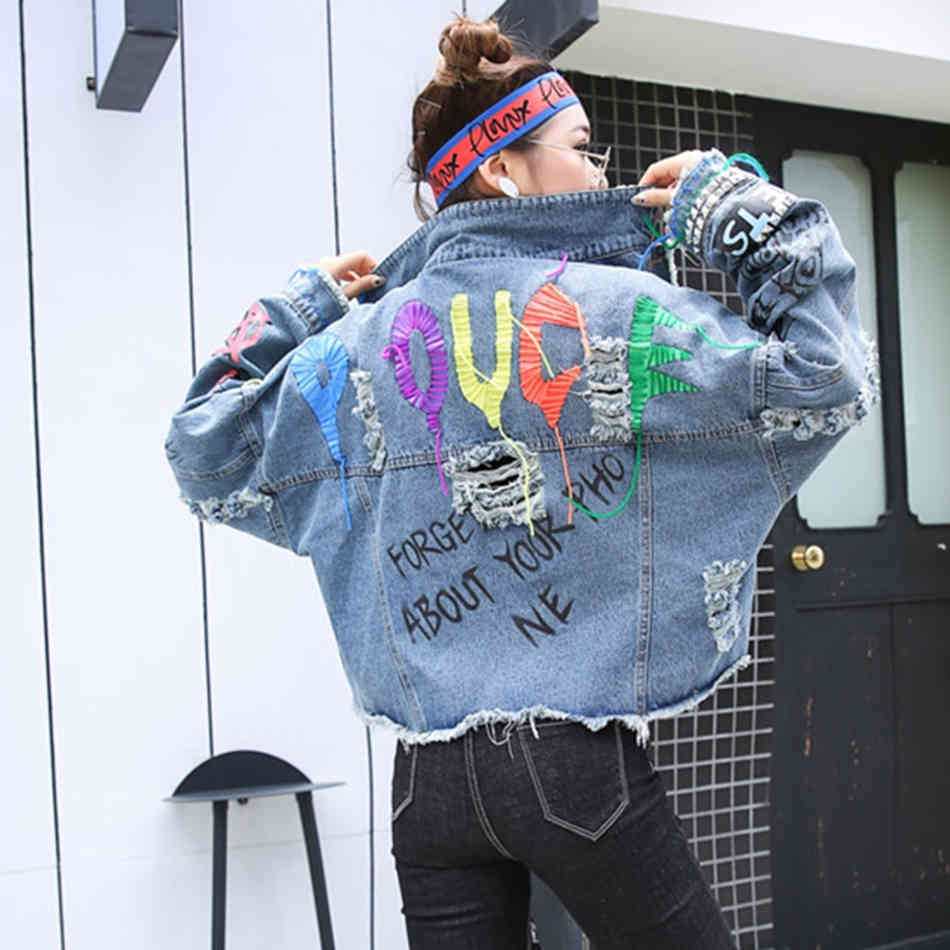 Free Women's Graffiti Ripped Denim Jacket Short Fashion Lapel Long Sleeve Single Breasted Loose Rivet 210524