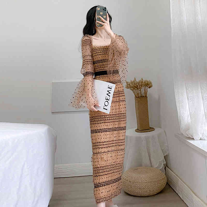 Arrive Autumn High Quality Sequins Dot Dress Women's Flared Long sleeve Runway Vestidos 210520