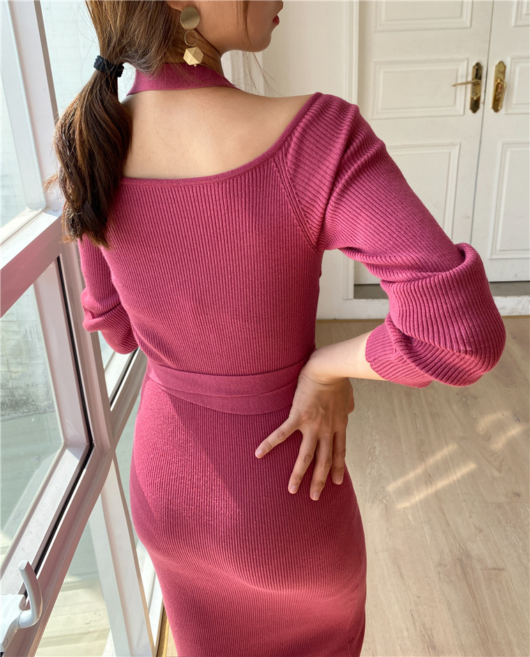 Nomikuma Slash Neck Elegant Slim Stretch Sweater Bodycorn Dreses Korean Bandage Slim Waist Knitted Vestidos Women Dress 6D319 210427