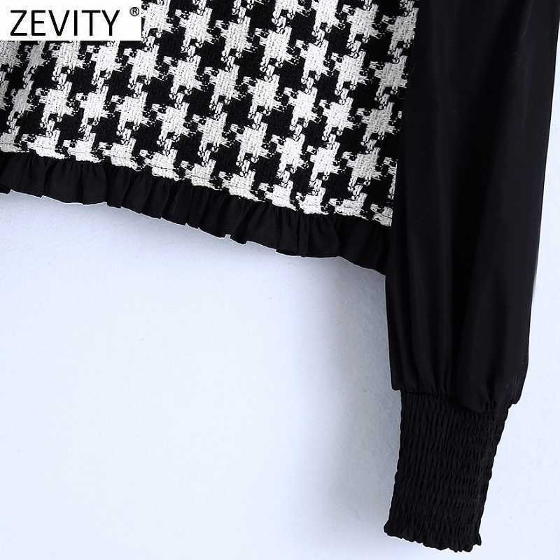 Zevity Women O Neck Puff Sleeve Patchwork Houndstooth Casual Smock Shirts Ladies Roupas Femininas Short Blouses Tops LS7351 210603