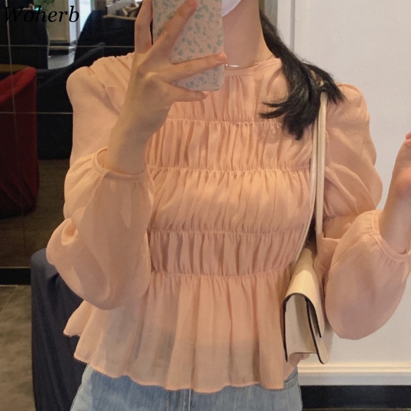 Korean Pleated Chiffon Shirts Women Summer Casual Blusa Puff Sleeve O Neck Slim Fit Blouse Temperament Solid Tops 210519