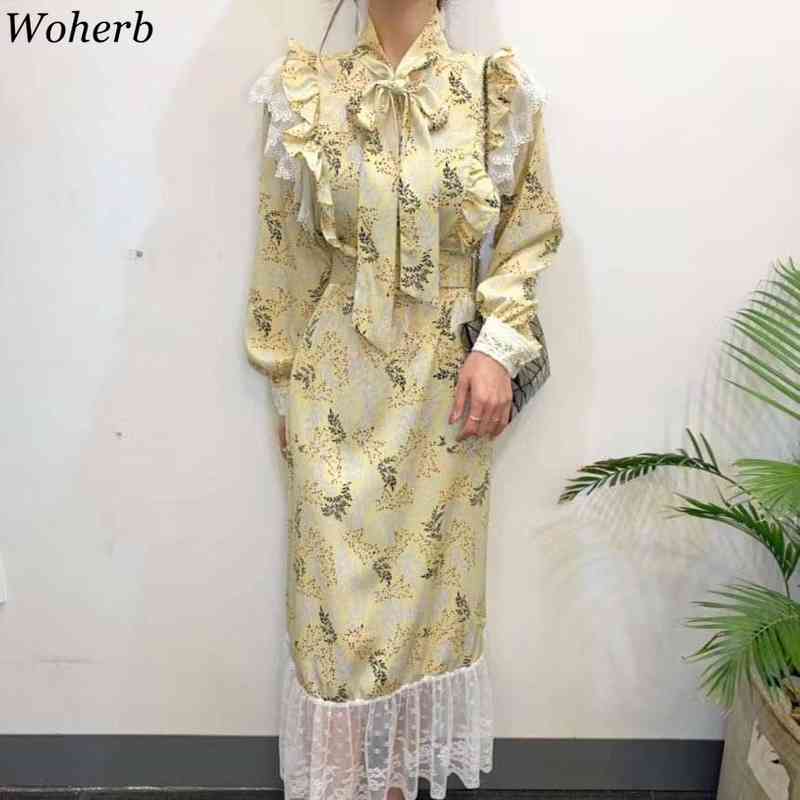 Vestidos Women Korean Sweet Temperament Ruffle Tie Dress Fashion Elegant Floral Slim Thin Lace Patchwork Fishtail Dresses 210519