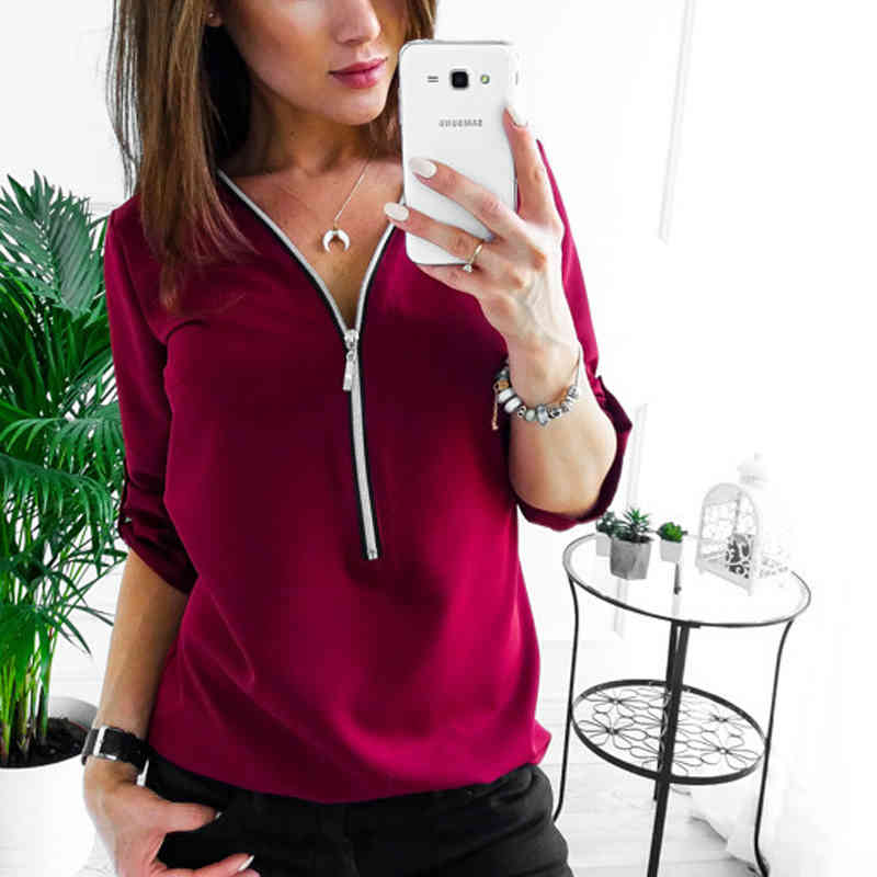 Women Zipper Short Sleeve Shirts Womens Tops And Blouses Sexy V Neck Tee Casual Female Tunic Plus Size 210428