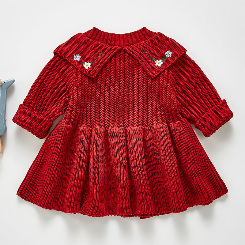Spring Autumn Kids Dresses For Girls Princess Girl Long Sleeve Knitting Embroider 0-3Yrs 210429