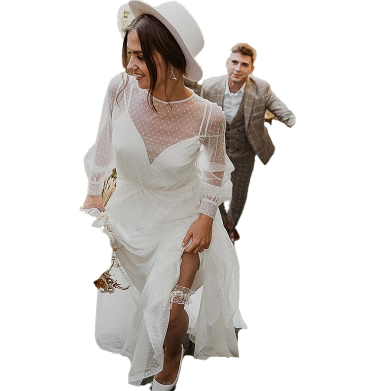 2022 Polka Dot Boho Beach Wedding Dresses Long sleeve Bridal Gowns With Cuffs Sexy Open Back Bow A-Line Silhouette Modern And Stylish Bride Dress Rust