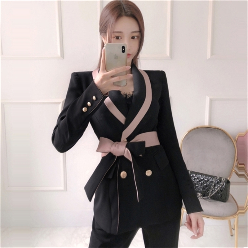 High Quality Spring Women Elegant Business Office OL Double breasted Hit Color Blazer Coat + Waist Flare Pants Suit 210519