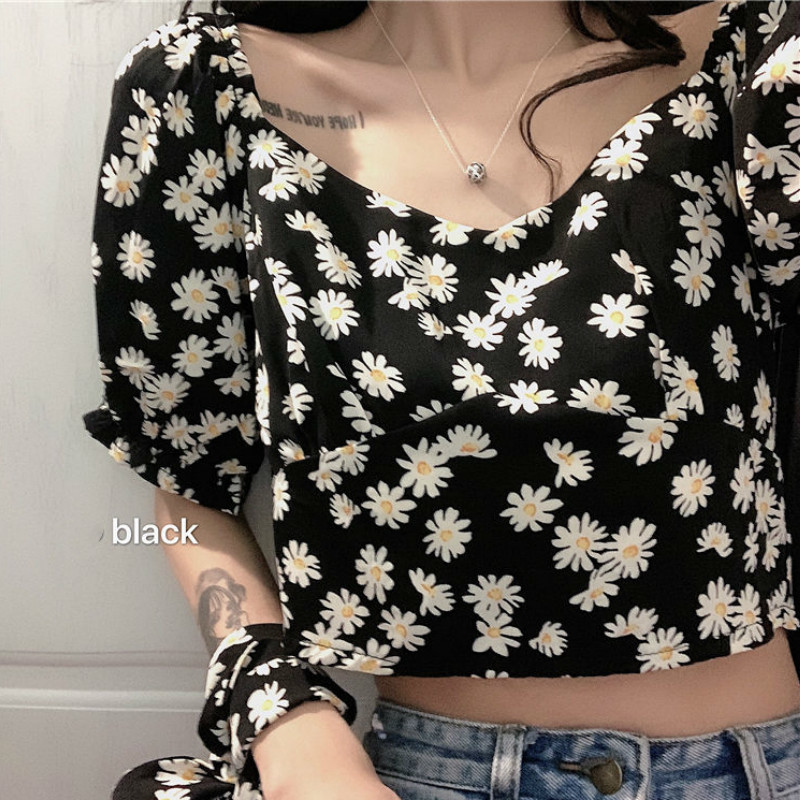 crop top women daisy Short blouse vintage summer fashion print Floral shirt Casual Chiffon blouses boho tops 210510