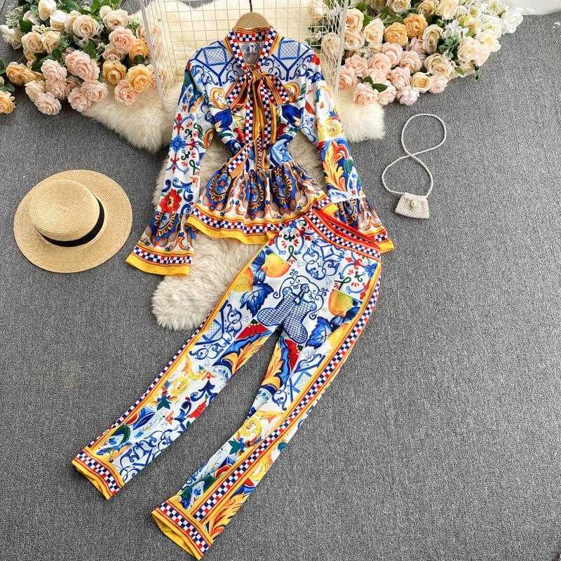 Print Runway Fashion Elegant Vintage Pant Suit Ruffle Blouse Shirt Top And Long Pants Two Piece Set Women Sets Women's