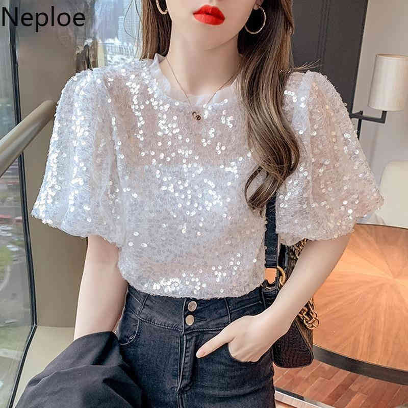 Neploe Summer Shirt Female Fashion Gauze Sequined Lantern Sleeve T Shirt Korean Loose Short Temperament Elegant Top Tees 210422