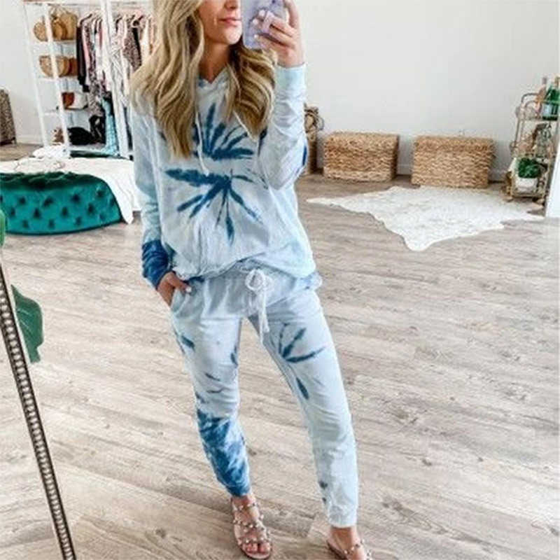 Femme Hoodies Sweatshirt Tie Dye Loose Two Piece Set Pants Lounge Wear Women Tracksuit Blue Outfits Winter Chandal Autumn Mujer 210709
