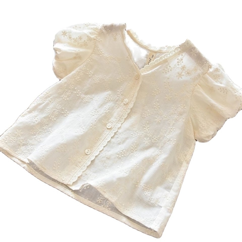 Girls' fresh and sweet lace puff sleeve shirt summer children's baby all-match short-sleeved doll P4545 210622
