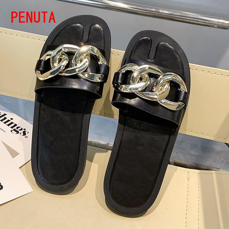 Black Beige Metal Chain Decorated Flat Slippers Fashion Ladies Sandals Split Toe Women Slides Summer Designer P09M
Black Beige Metal Chain Decorated Flat Slippers Fashion Ladies Sandals Split Toe Women Slides Summer Designer P09M