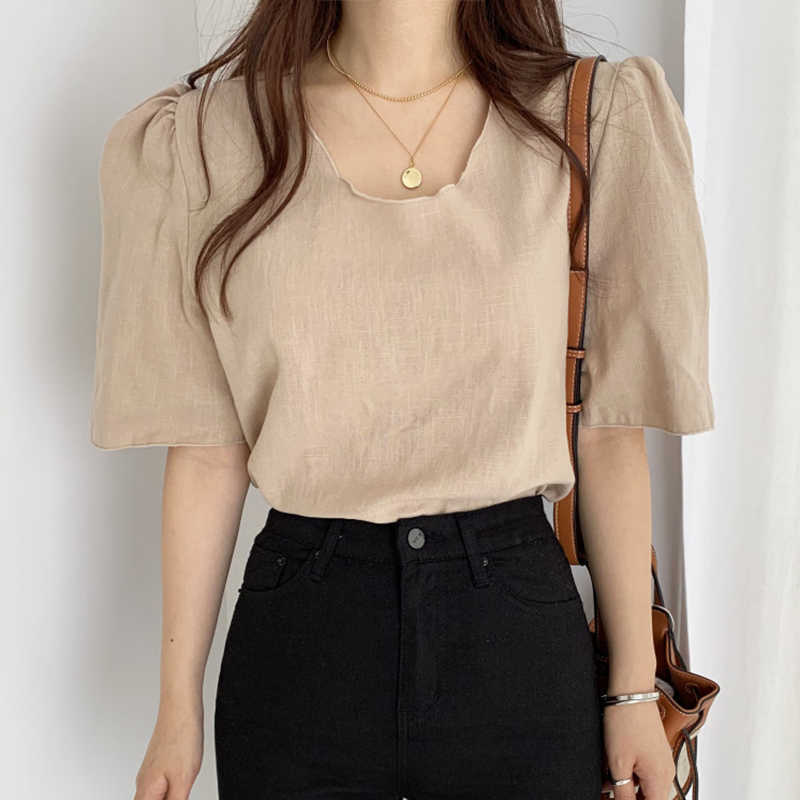 Korejpaa Women T-Shirt Summer Korean Chic Simple Basic V-Neck Loose Casual Solid Color Short-Sleeved All-Match Pullover 210526