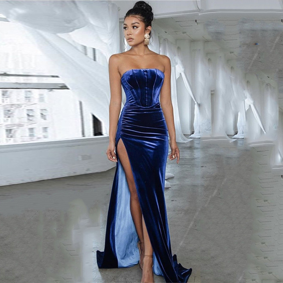 Simple Velvet Evening Dress Mermaid High Split Prom Party Gowns Pleats Custom Made Formal Women Dresses Plus Size 2021