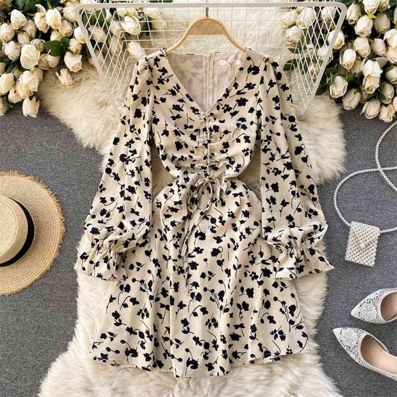Women Fashion Ins V Collar Long Sleeve Draw Rope Pleated Slim Flower Print A-line Dress Vestidos De Mujer R942 210527