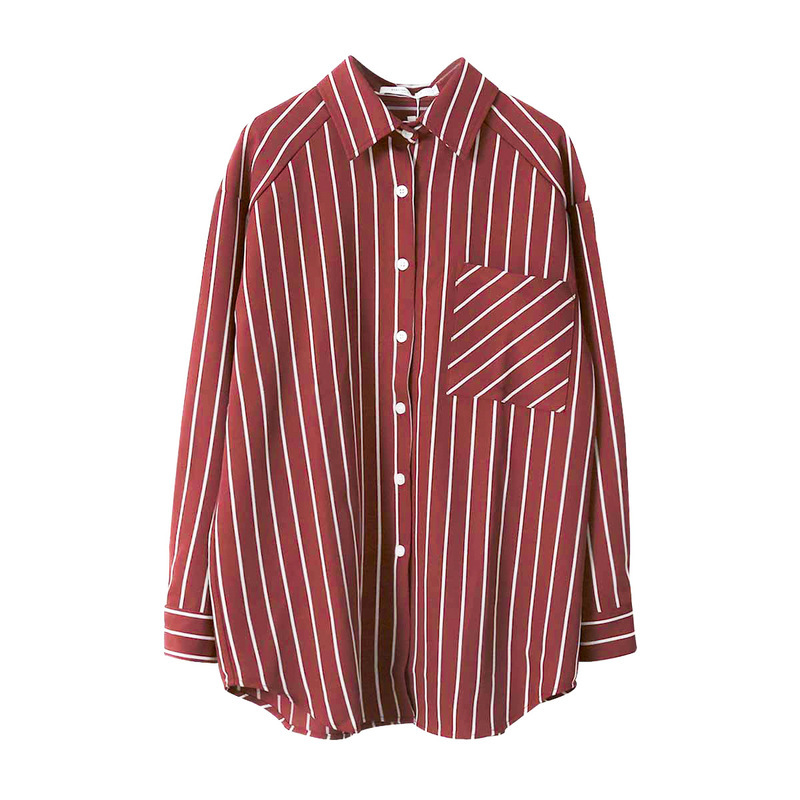 Spring Autumn Striped Women Shirt Tops Turn-down Collar Pocket Long Sleeve White Blouse Casual Loose Ladies 12574 210508