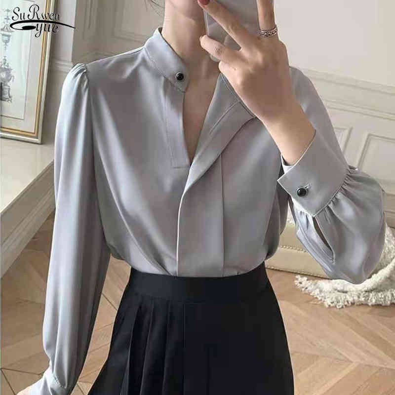 Silk Satin Women Blouse and Tops Office Lady Solid Stand Collar Shirts Plus Size Loose Puff Sleeve Clothing 13221 210508
