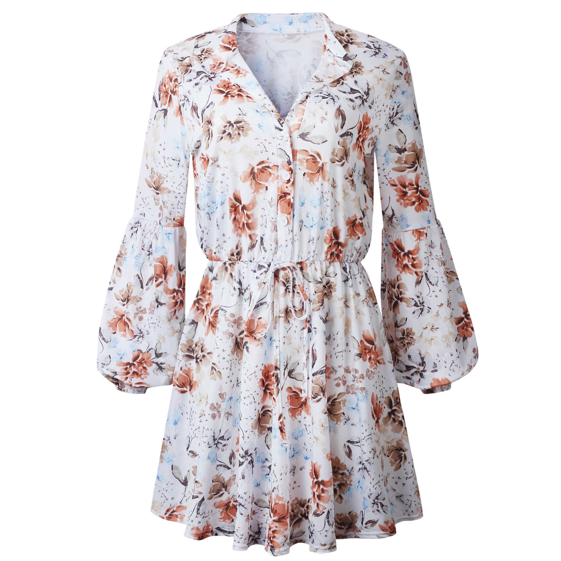 White Ruffled Mini Vintage Print Irregular Dress Autumn Clothing Lantern Sleeve Elegant Chiffon Dress Lace up Slim Streetwear 210630