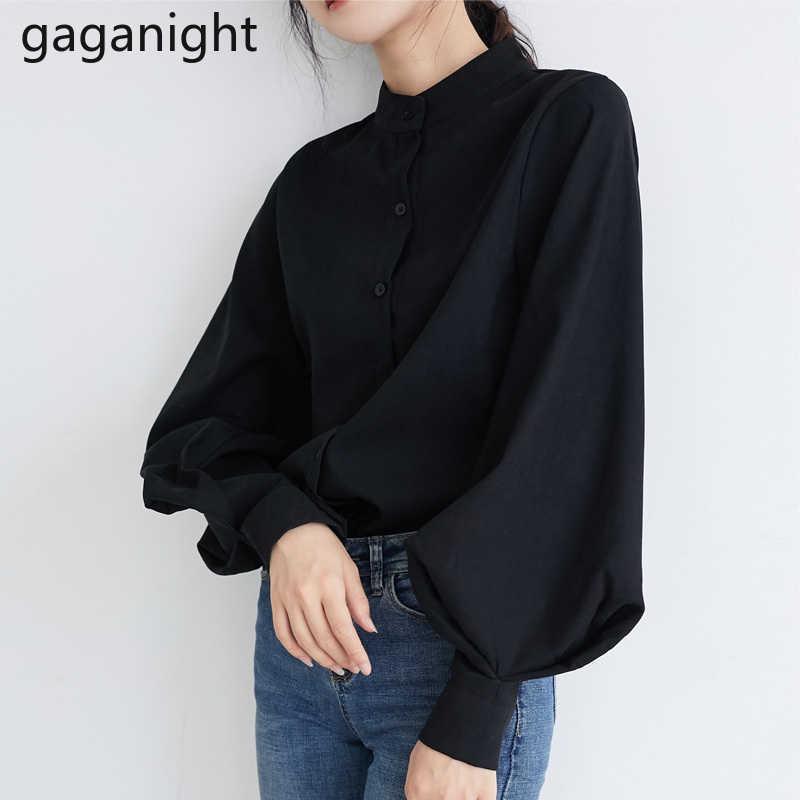 Korean Fashion Top Women Stand Long Lantern Sleeve Shirts Single Row Multi Button Black Ladies Blouse Spring 210601