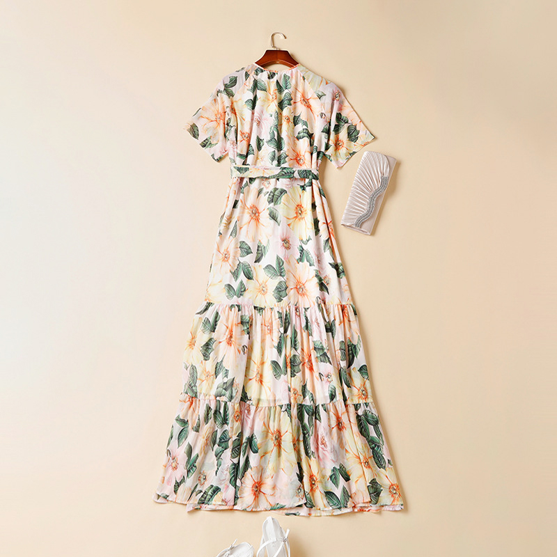 Women's Runway Dress O Neck Short Sleeves Printed Lace Up Sash Belt Fashion Mid Dresses Vestidos