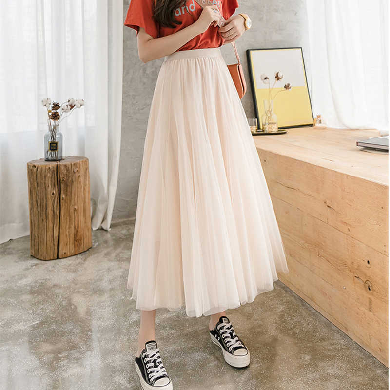 TIGENA Tulle Pleated Long Skirt Women Spring Summer Korean Fashion A Line High Waist Mesh Tutu Maxi Female Mid-length 210619