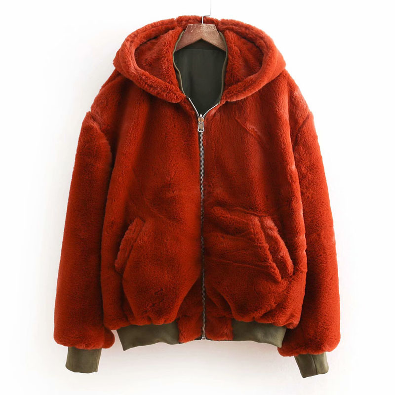 Long sleeve black winter women's double-sided wearing bomber jacket wild loose faux fur hooded women's jacket 210507