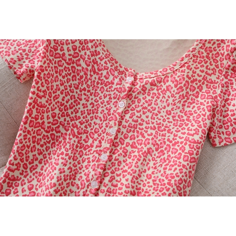 Slim girls vintage leopard short blouses summer fahsion ladies elegant bomb cotton shirts sexy female pink tops women chic 210317
