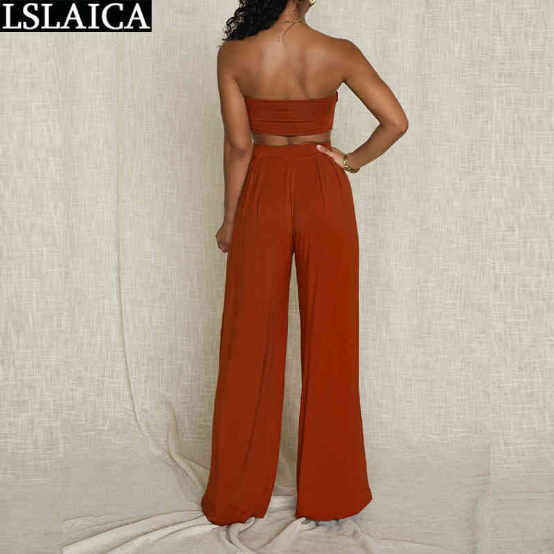 Sexy 2 Piece Set Women Solid Sleeveless Strapless Wide Leg Pants Sets Fashion Female Outfits Clubwear Casual Conjuntos De Mujer 210520