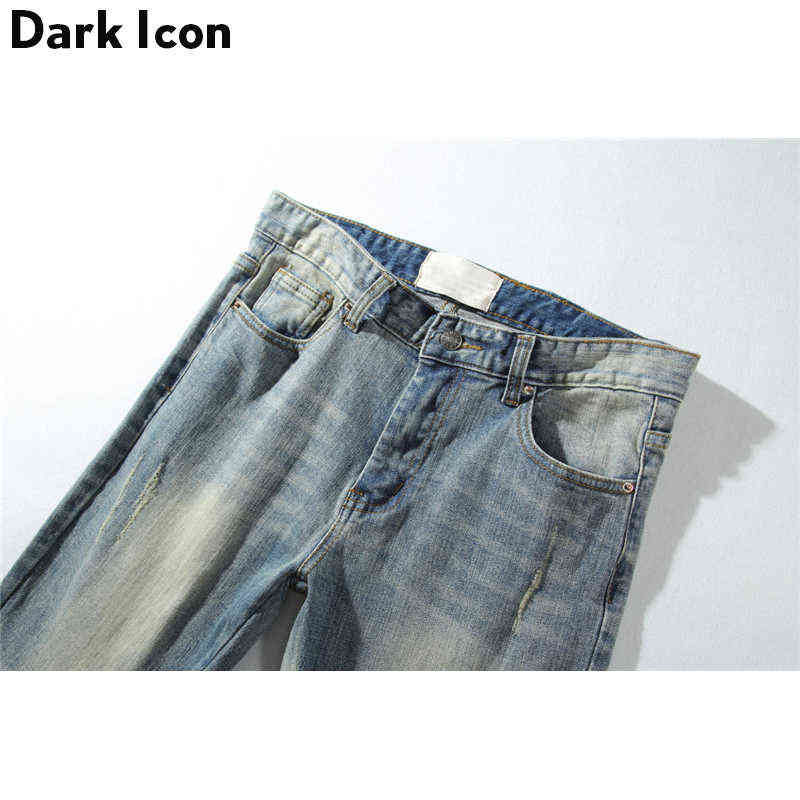 Dark Icon Pleated Knee Regular Hip Hop Jeans Men High Street Motorcycle Ankle Length Men's Denim Pants Full 211111