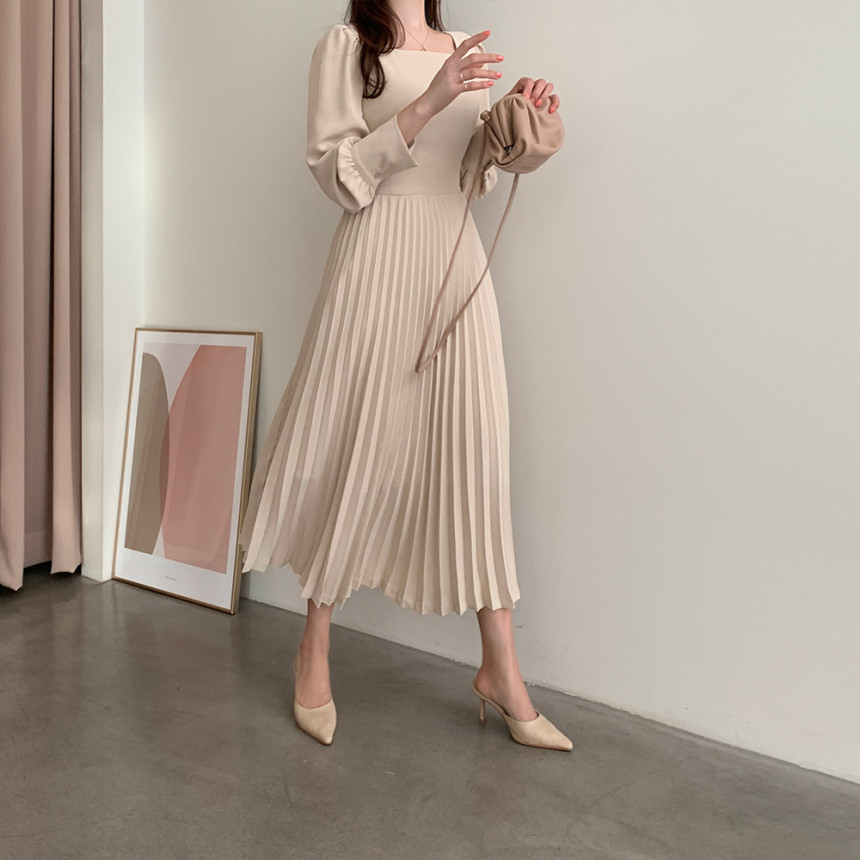 Autumn Women Korea Chic Pleated Dress Women's Long Sleeve Casual Solid Temperament Lady Dresses Vestidos 210506