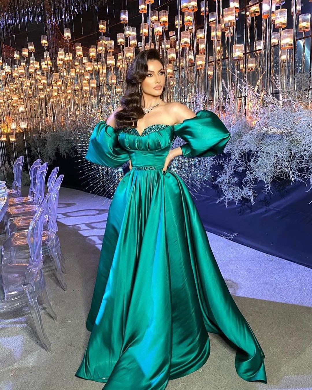 2022 Elegant Hunter Green Formal Evening Dresses Crystals Sequins Beaded Puffy Sleeves Off The Shoulder Sweetheart Long Arabic Prom Party Dress