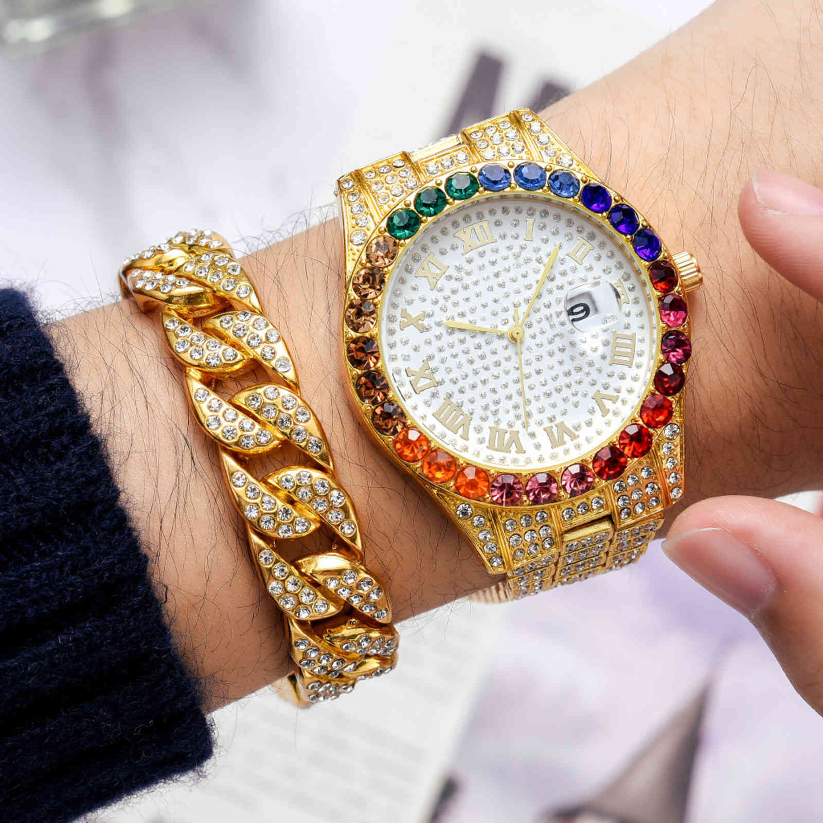 + Cuban Chain Bracelet Iced Out for Luxury Hip Hop Colourful Watch Men Set Religio Masculino, Silver
+ Cuban Chain Bracelet Iced Out for Luxury Hip Hop Colourful Watch Men Set Religio Masculino, Silver