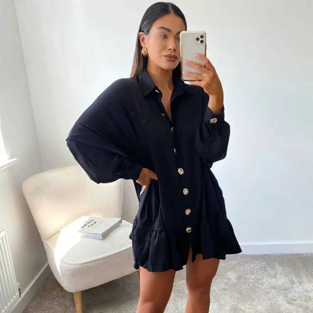 Women Shirt-Dress Long Sleeves Collared Ruffled Hem Short Dress Casual Fashion Mini Woman Dresses 210709, As picture
Women Shirt-Dress Long Sleeves Collared Ruffled Hem Short Dress Casual Fashion Mini Woman Dresses 210709, As picture