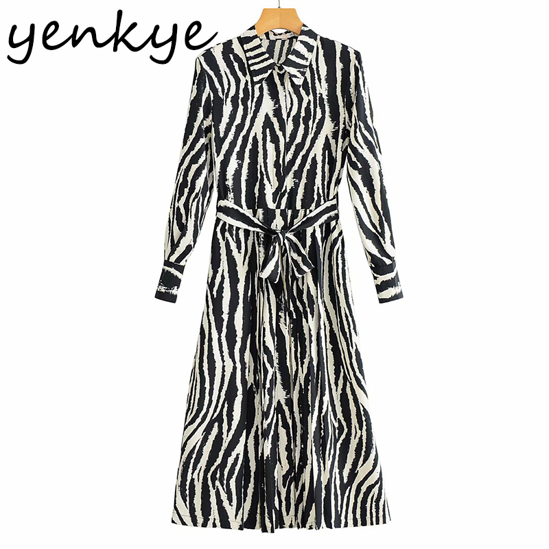 Spring Women Vintage Zebra Striped Long Shirt Dress Female Sleeve Lapel Collar Sashes Casual A-line Vestido 210430