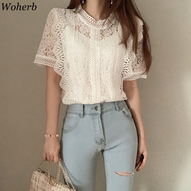 Plus Size Short Sleeve Shirts Hollow Out Korean Fashion Blouse Summer Elegant Lace Tops Women Blusas Mujer Elegante 210519
