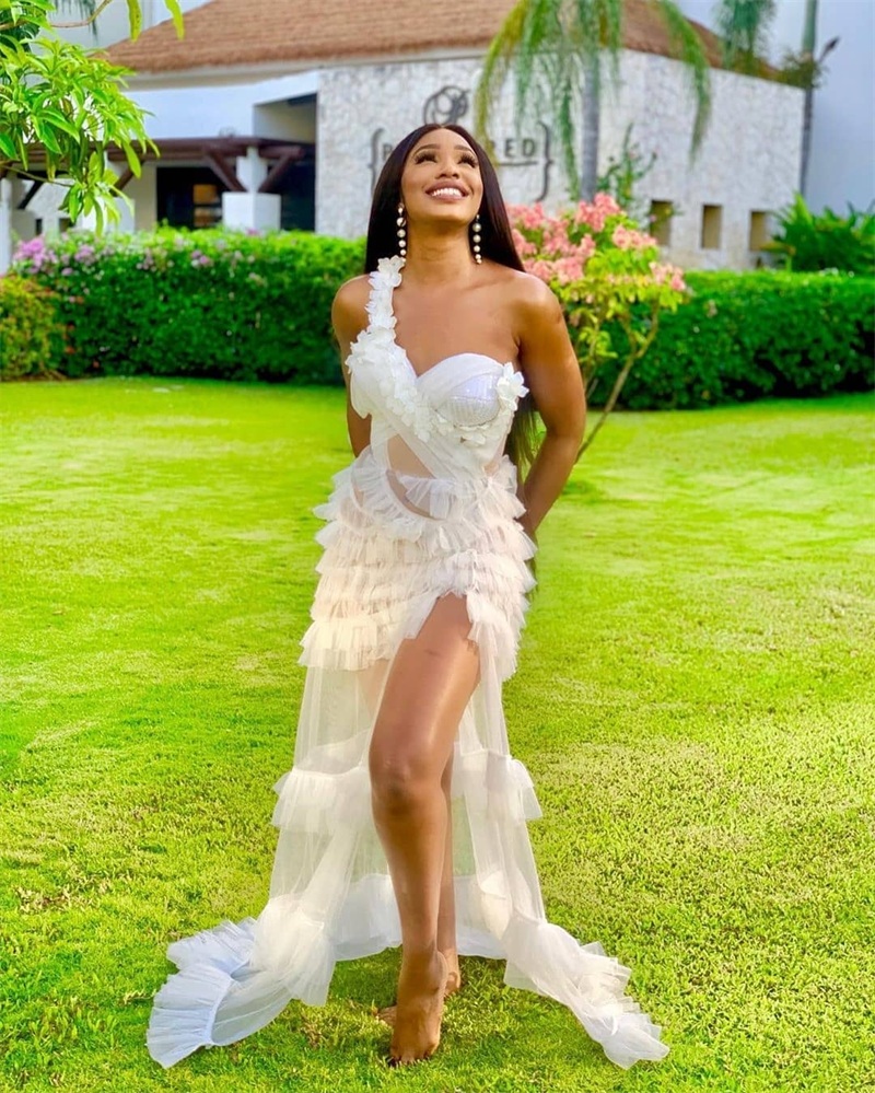 Summer Beach Evening Dresses One shoulder Mermaid Ruched Tulle Prom Dress Sexy Side Split Formal Party Pageant Gowns