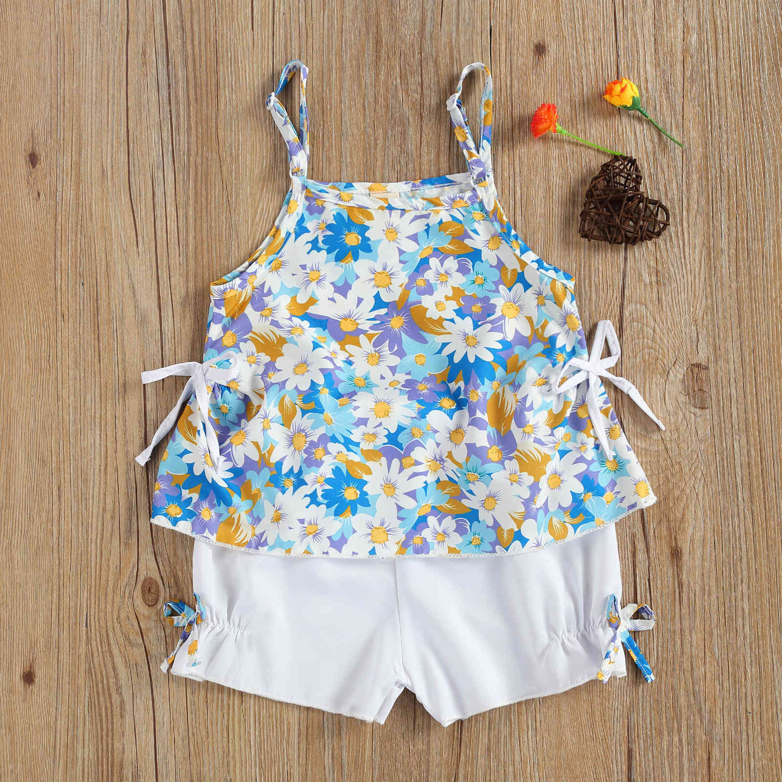 1-5Y Summer Flower Toddler Kid Child Girls Clothes Set Beach Holiday Travel Costumes Floral Vest Bow Pants Outfits 210515