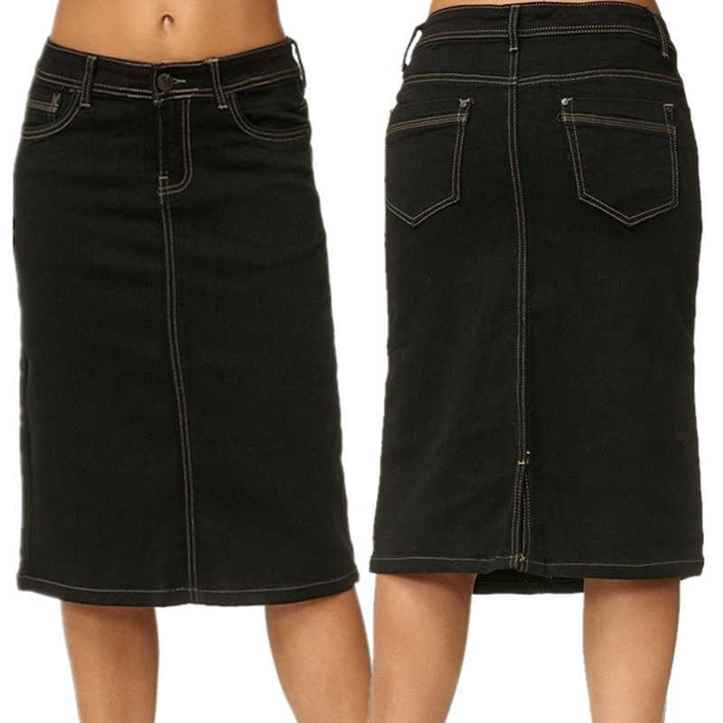 Denim Skirt Women Fashion Casaul Stretch Knee Length Washed Blue Skirts Plus Size Pockets Pure Color Office Female 210621