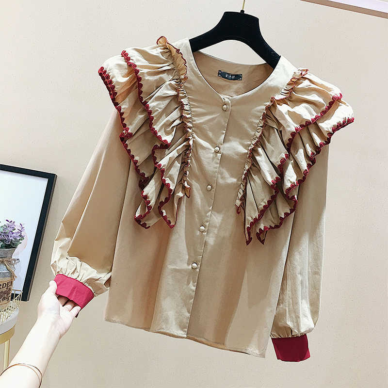 Vintage Contrast Ruffles Patchwork Solid O Neck Full Shirt Women's Spring Top Blouse 210615
