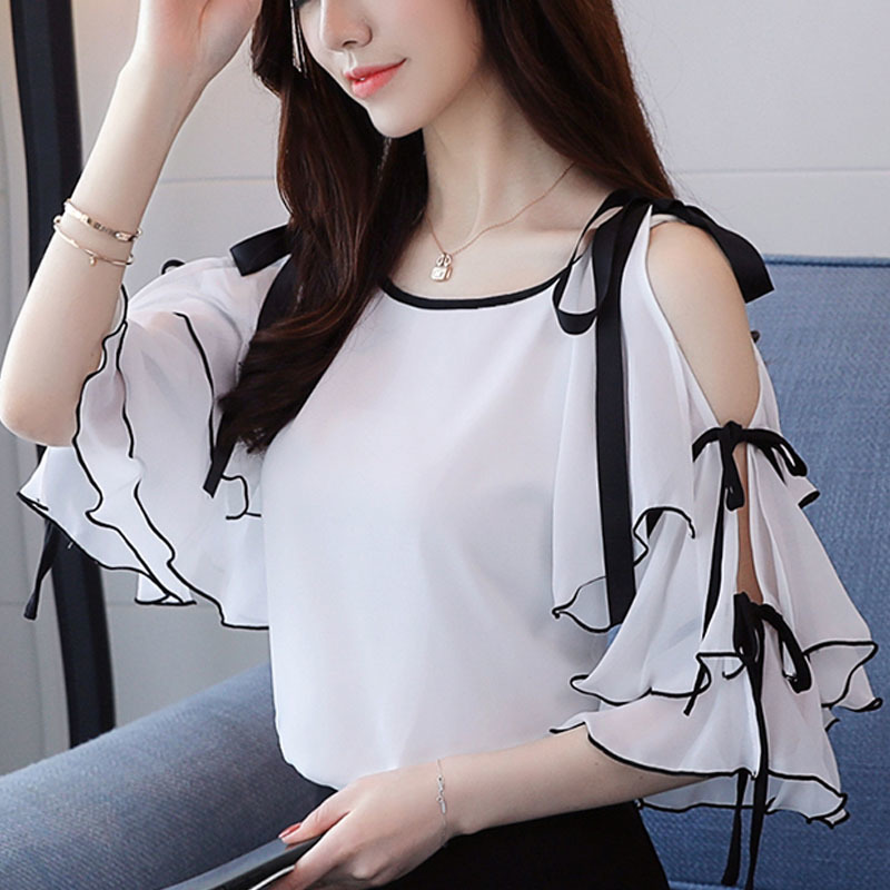 womens tops and blouses black dot chiffon blouse shirt butterfly sleeve shirts summer off shoulder top 3096 50 210508
