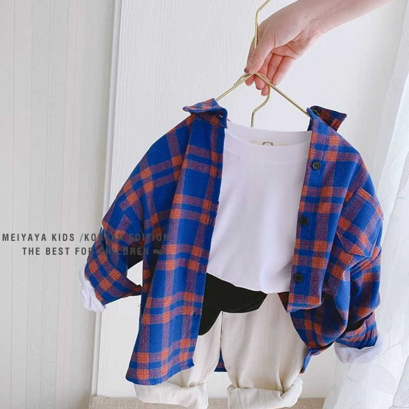 Spring 100% Cotton Casual Plaid Blouse Summer Striped Shirt Korean Baby Long Sleeve Tops Boys Shirts School Girls Blouses 210713