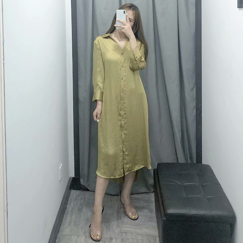 Solid Satin Silk Women Shirt Dress Elegant Ladies Turn Down Bandage Casual Loose Female Soft Yellow Midi es 210515