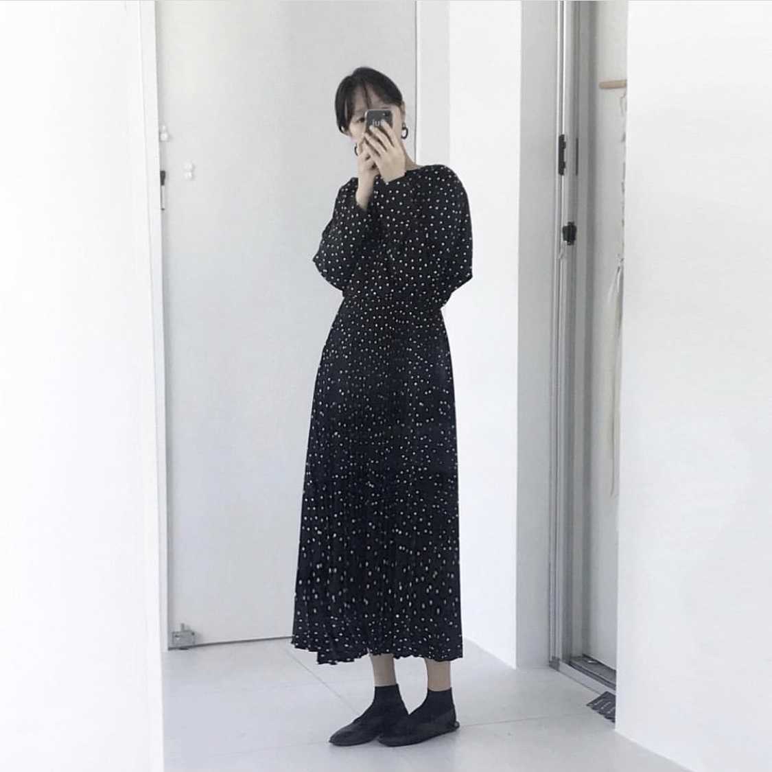 Korea Dot Long Sleeve Ruffle High Waist Spring Summer Preppy Style Sweet Loose O-Neck Dress 210615Z