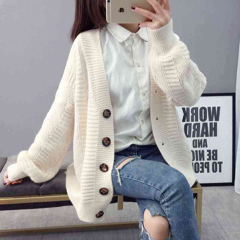Sweater cardigan jacket female loose Korean student spring and autumn sweater trend round button net red old K 211117
