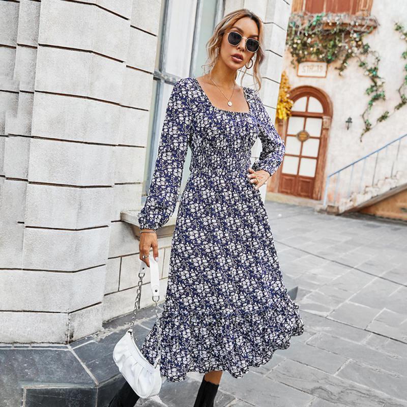 Women Dress Retro Square Collar Printed Bohemia es Sexy Long Print Floral Maxi Plus Size Girl Fashion es 210513